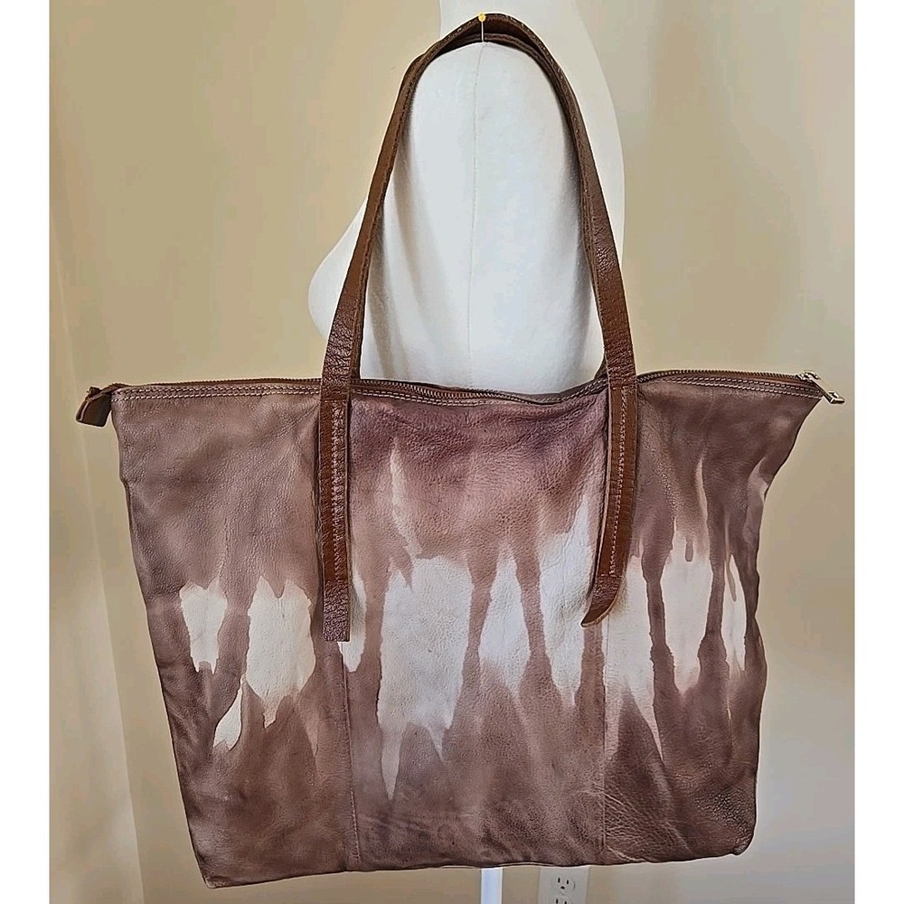 Monserat De Lucca Leather Shoulder Tote Bag Large Zip Tie Dye Brown Beige